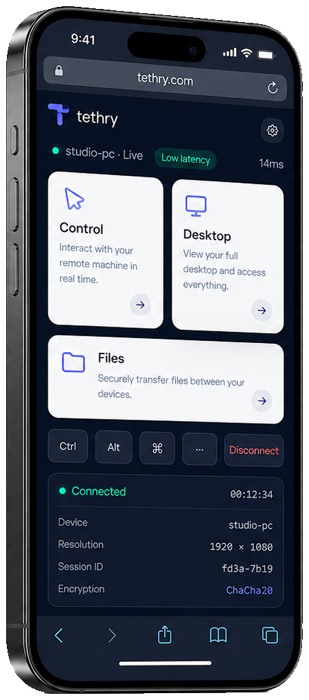 The Tethry web client open in a phone browser, controlling a connected machine.
